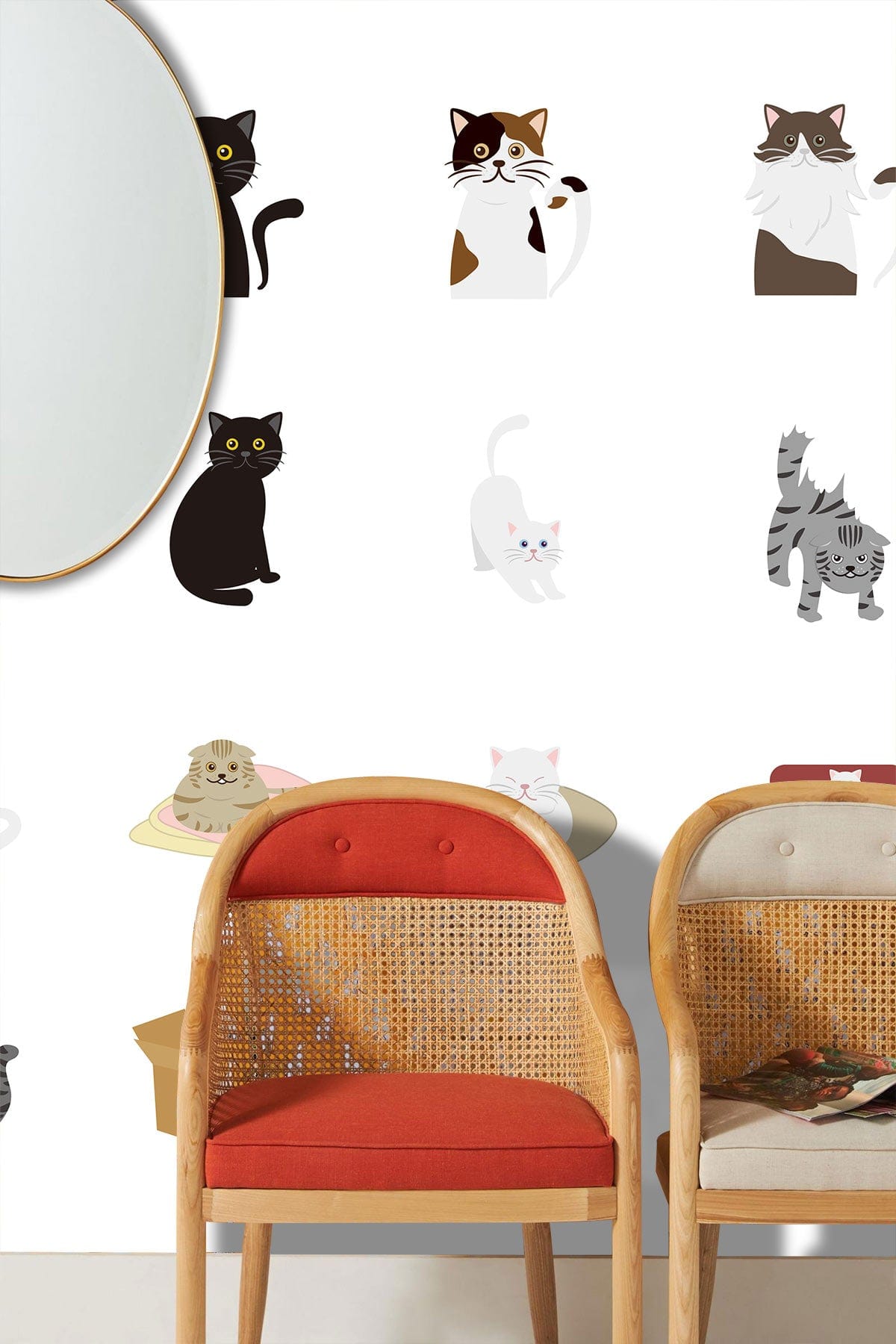 Charming Feline Friends wallpaper with pastel tones, wicker chairs, mirror, in colourful playful room.