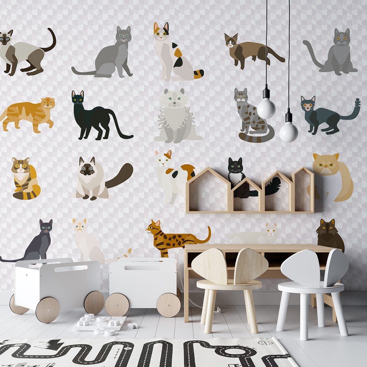 Colourful Cat Pattern Wallpaper enhances playful children's room with white furniture and light wood flooring.