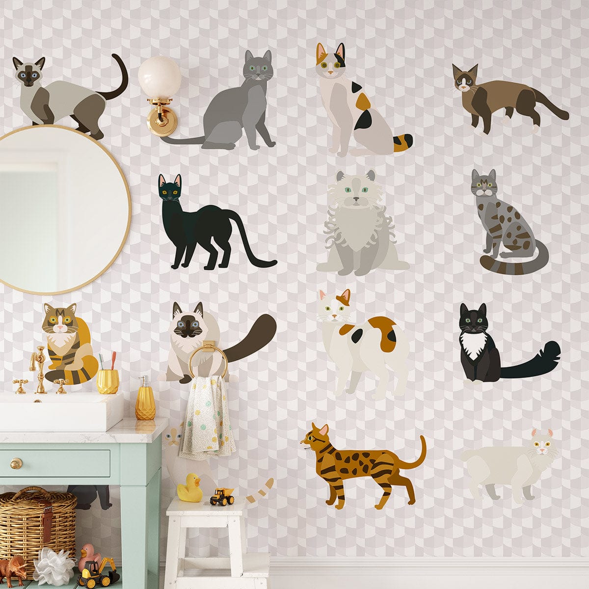 Colourful cat pattern wallpaper in nursery with pastel dresser, stool, round mirror, soft geometric style.