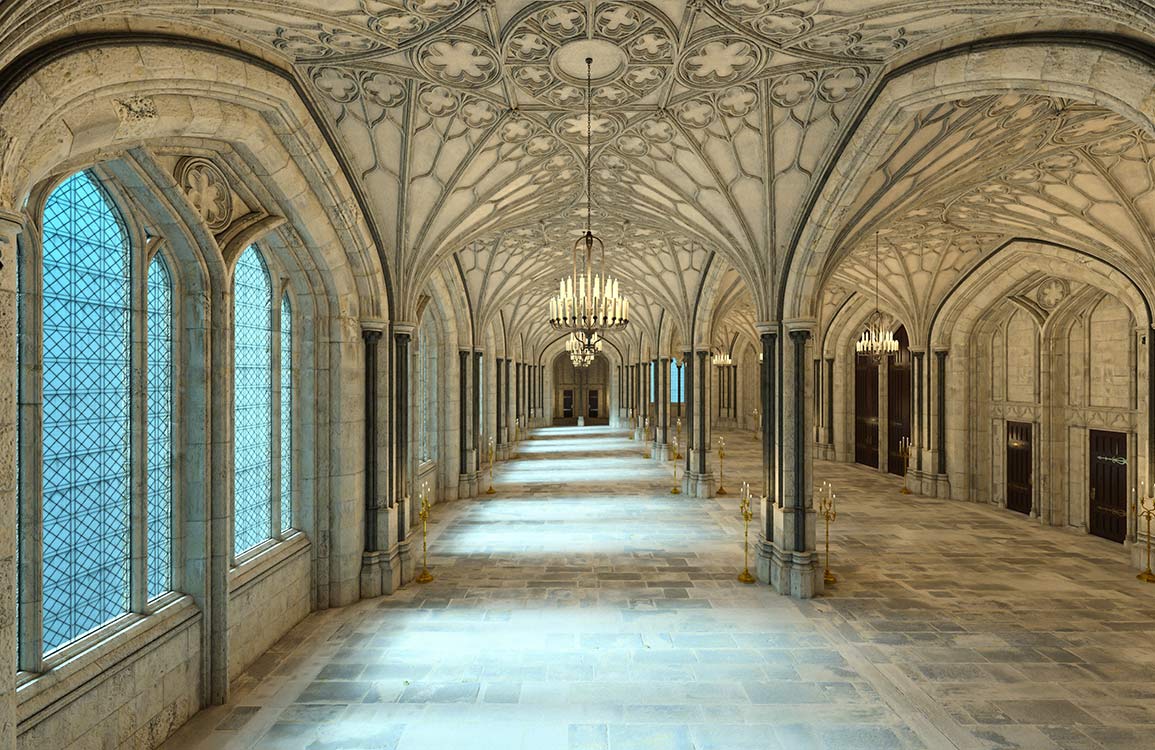 Gothic Revival Mural Wallpaper: Elegant Stone Archway and Chandelier Design