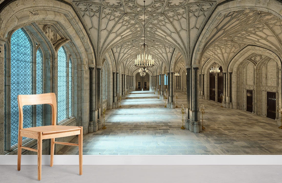 Gothic Revival mural wallpaper, stone archway, chandelier design, wooden chair, elegant room decor, grey flooring.
