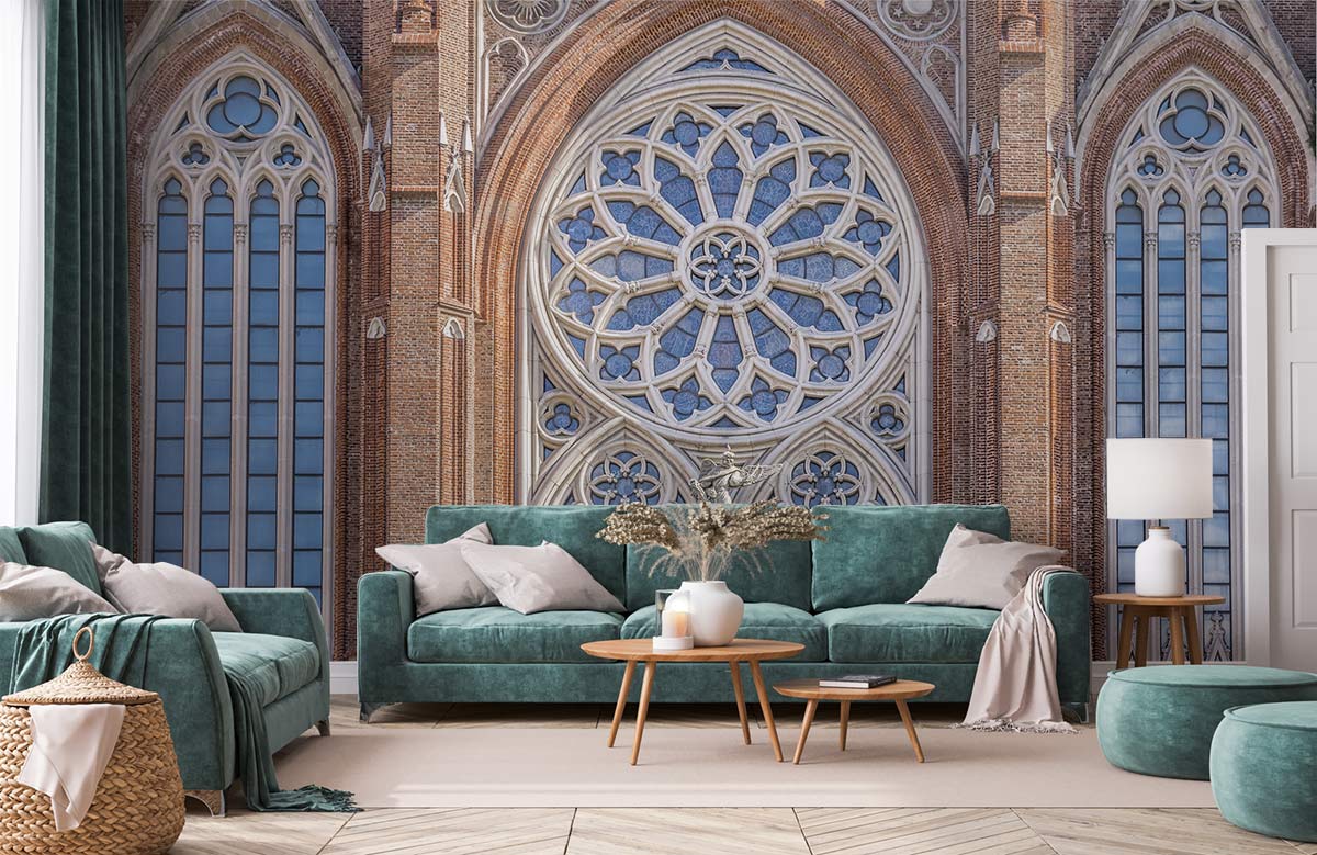 Elegant Gothic architecture wallpaper with teal sofas, earthy tones, geometric flooring in a cosy living room.