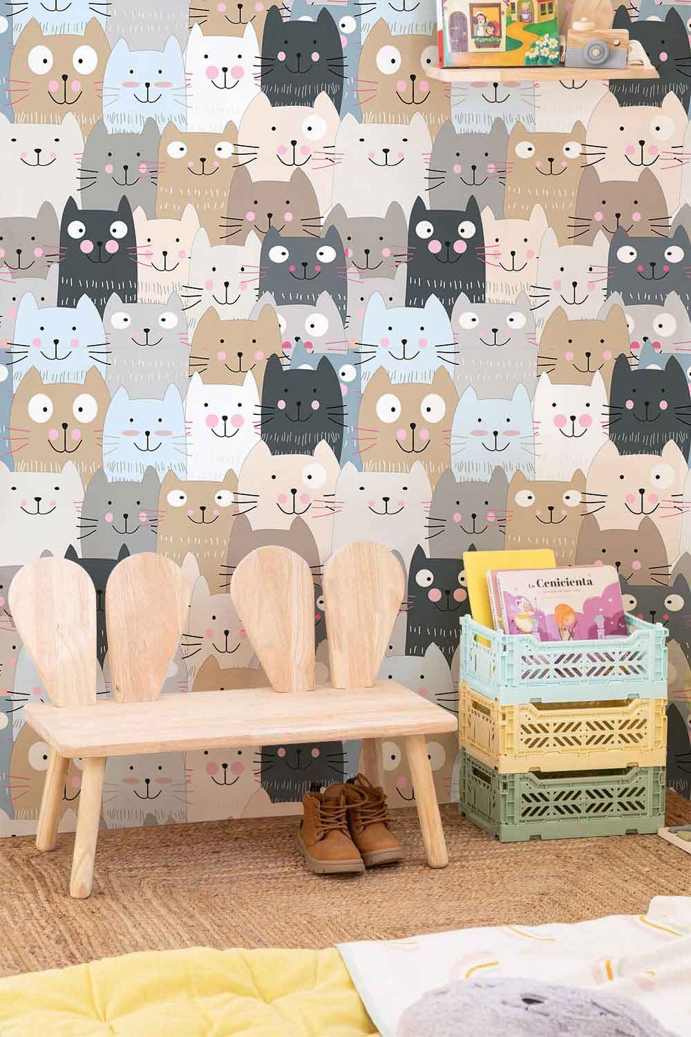Playful Pastel Cats wallpaper in nursery with wooden bench, colourful storage, and textured flooring.