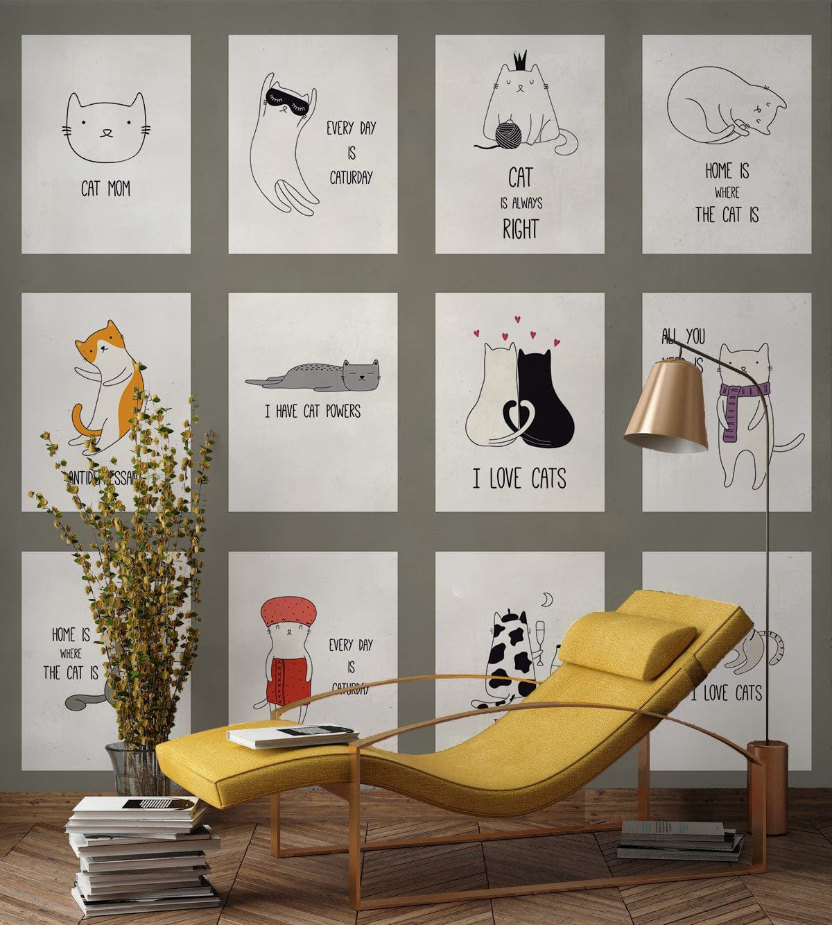 Charming cat-themed mural wallpaper in pastel tones, yellow chaise longue, wooden floor, modern living space.