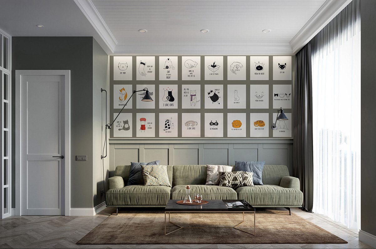 Charming cat-themed mural wallpaper in pastel tones, high-ceilinged living room, elegant grey sofa, cosy rug.