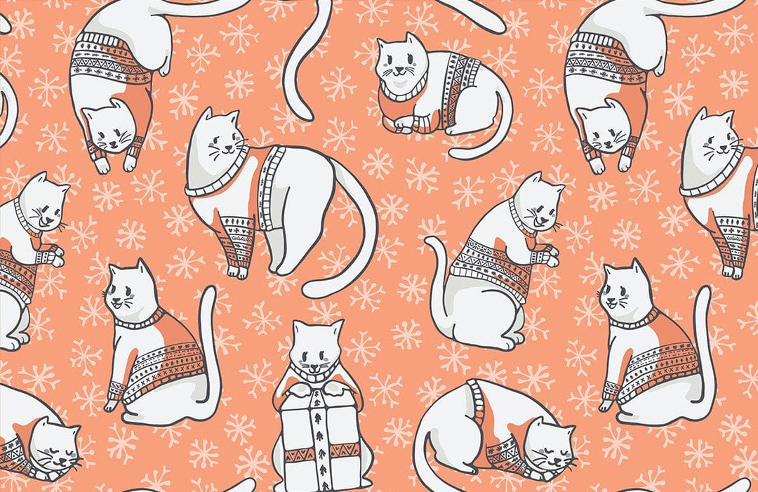Cosy Cats Orange Winter Sweater Pattern Wallpaper Mural for Playful Spaces