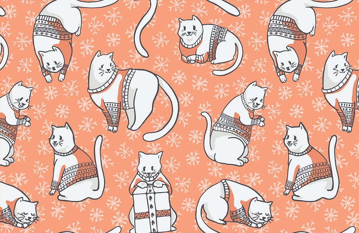 Cosy Cats Orange Winter Sweater Pattern Wallpaper Mural for Playful Spaces