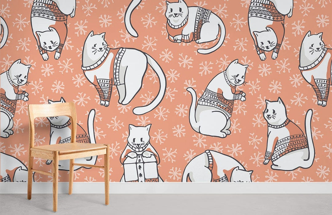 Cosy Cats orange wallpaper with white cat design, wooden chair, in playful room with light flooring.