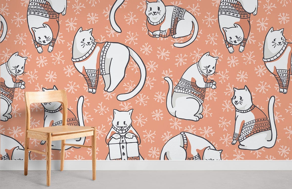 Cosy Cats orange wallpaper with white cat design, wooden chair, in playful room with light flooring.