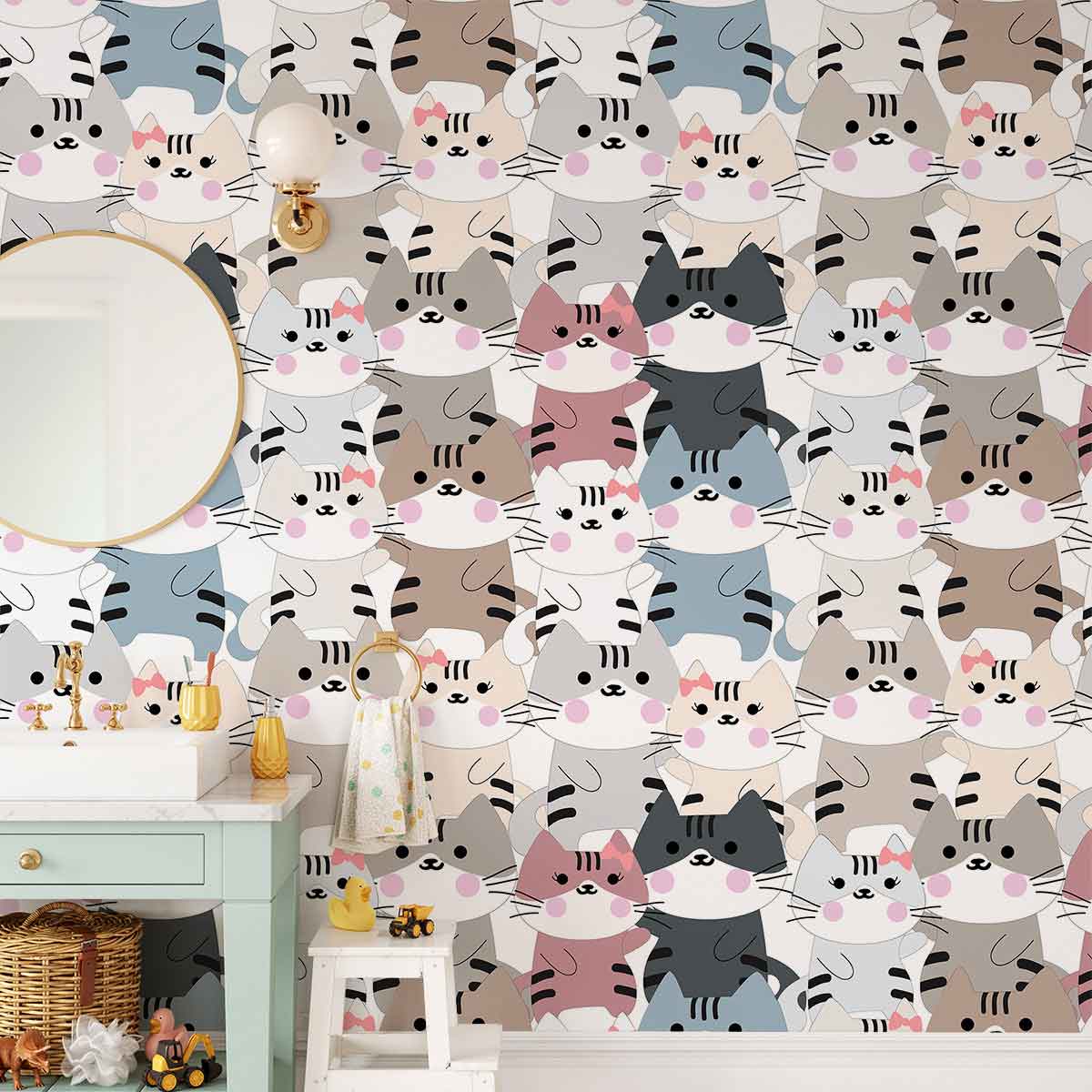 Playful Cat Friends Pattern Wallpaper with pastel colours in whimsical style, bathroom mirror and vanity.