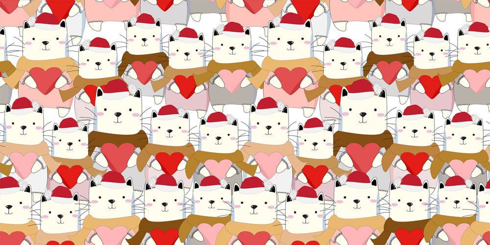 Festive Cats in Santa Hats Heart Pattern Wallpaper - Cute and Colourful