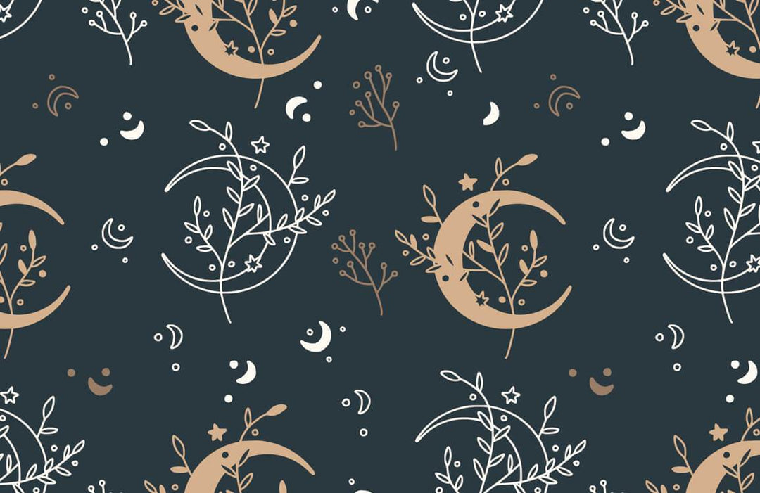 Celestial Moon and Star Pattern Wallpaper in Dark Teal and Gold