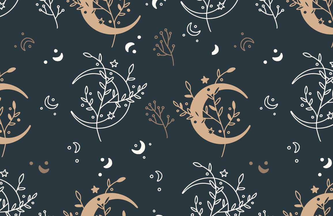 Celestial Moon and Star Pattern Wallpaper in Dark Teal and Gold