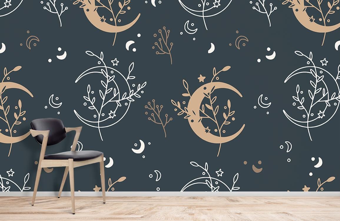 Dark teal and gold celestial wallpaper with moon and star pattern, wooden flooring, stylish black chair.