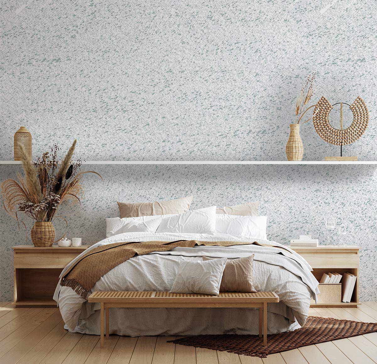 Elegant white wallpaper in bedroom with wooden bed frame, soft bedding, and subtle wall texture.