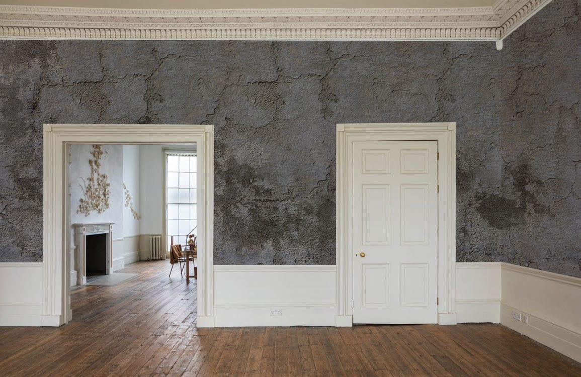 Industrial grey concrete effect wall mural wallpaper, vintage style, wooden flooring, elegant living room.