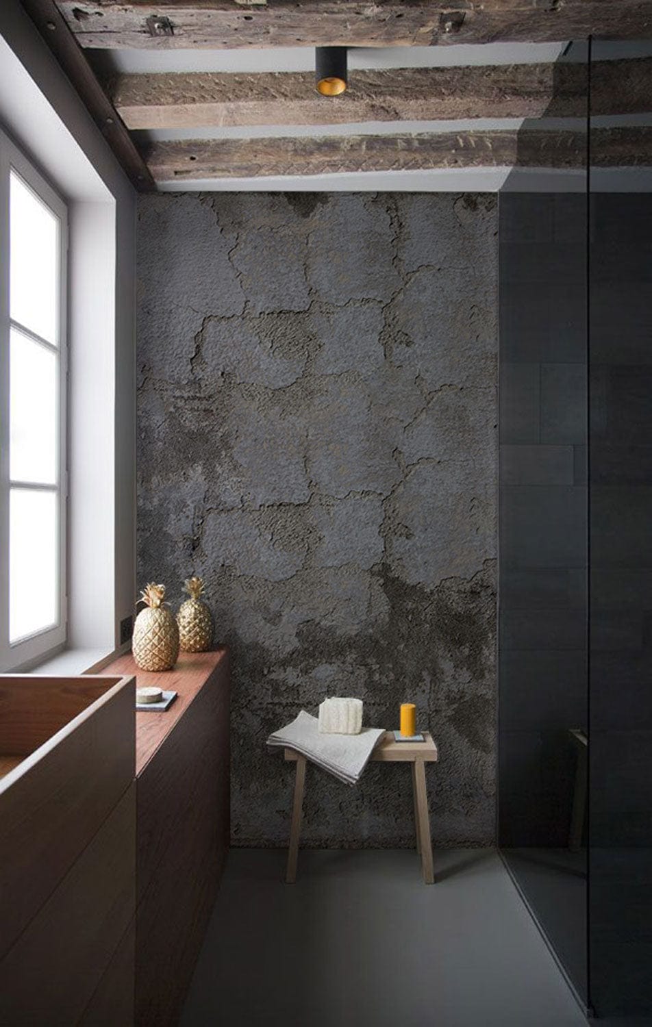 Industrial Grey Textured Concrete Effect Wall Mural in stylish bathroom with wood accents and modern decor.