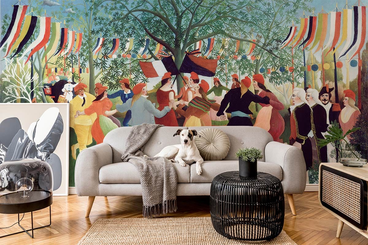 Colourful vintage festival mural wallpaper in living room with grey sofa, parquet flooring, wicker table.