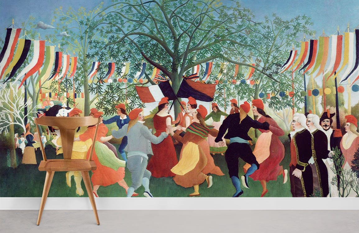 Colourful vintage festival mural wallpaper, wooden chair, grey floor, festival celebration Décor, vintage style.