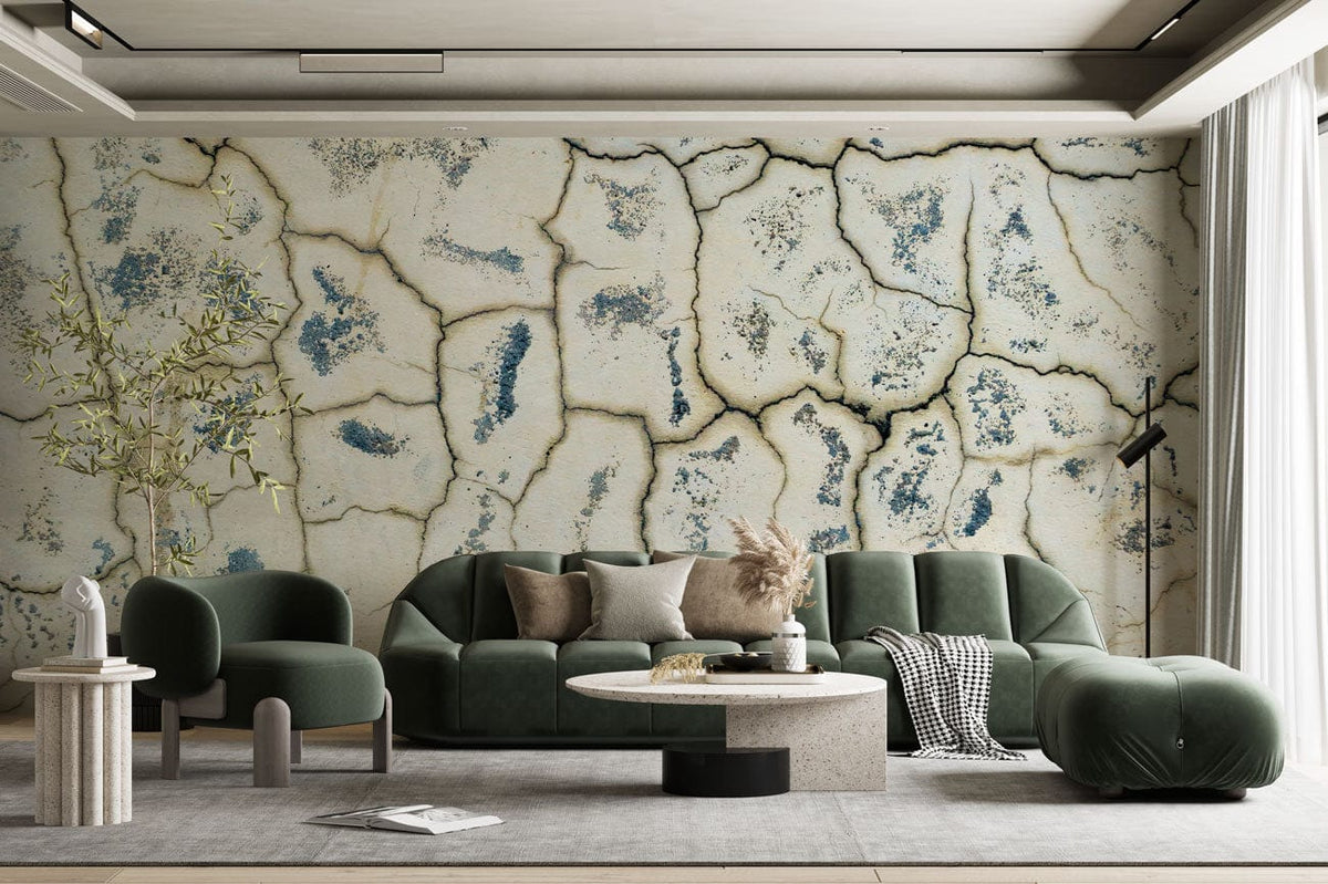 Vintage Crackle Texture wallpaper, green sofas, rustic room design, stone coffee table, grey flooring.
