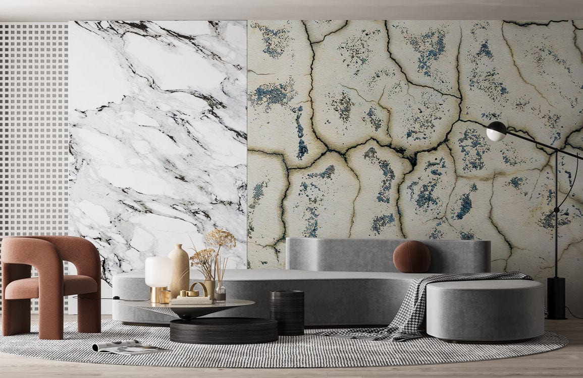 Vintage Crackle Texture Cream-Grey Rustic Wallpaper; modern room with marble wall, round sofa, and rug.