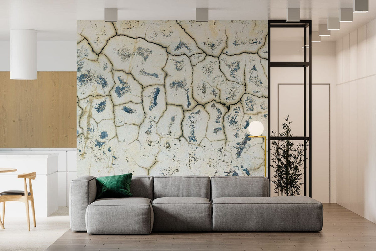 Vintage crackle texture cream-grey wallpaper, modern grey sofa, wood flooring, kitchen, dining chair.