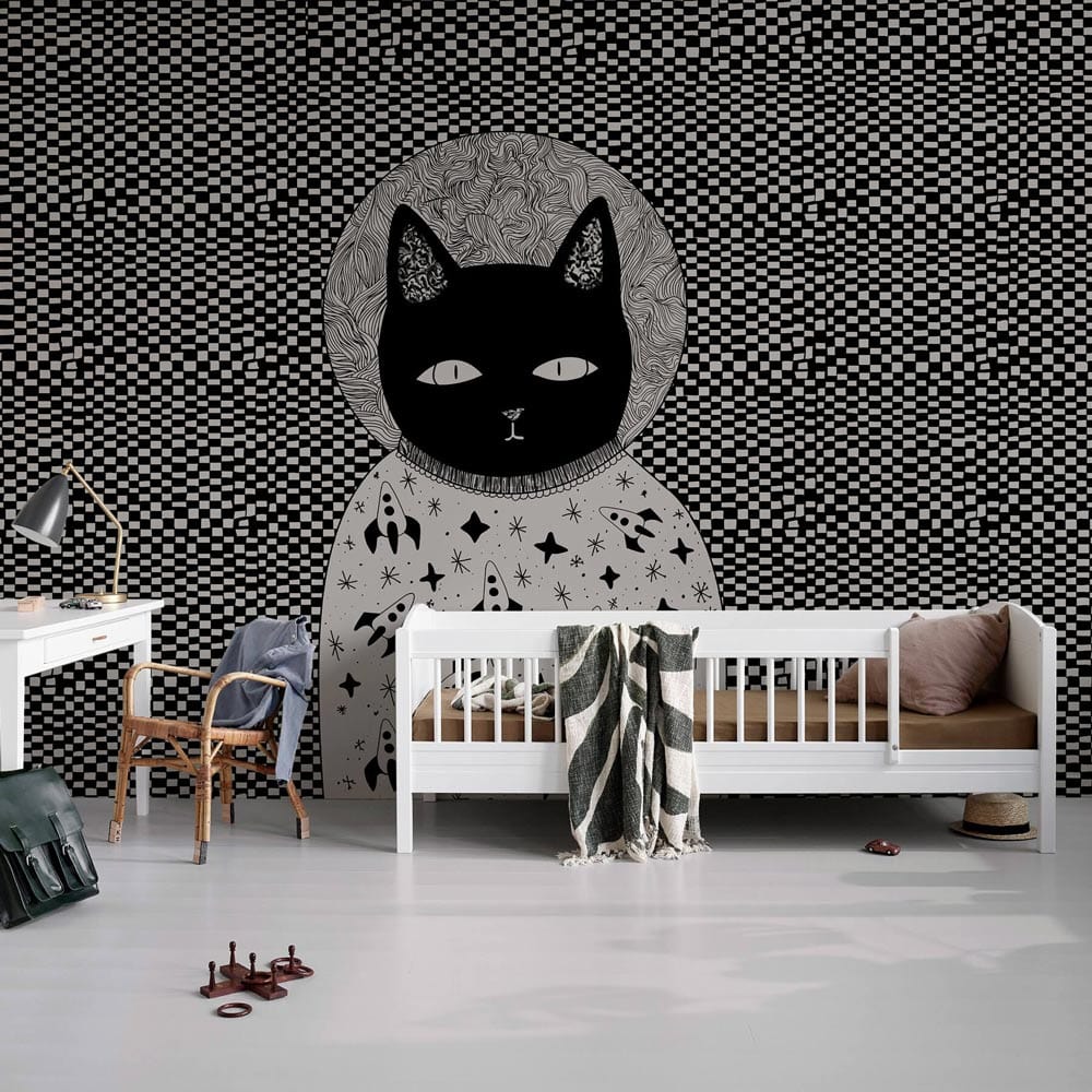 Monochrome cosmic cat wallpaper, retro art, in modern room with white desk, minimal sofa, wood floor.