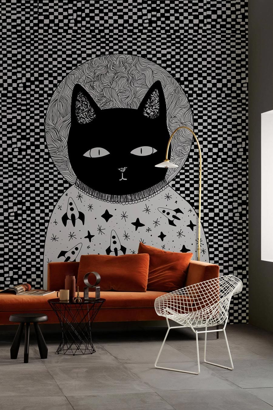 Monochrome cosmic cat wallpaper, retro space design with orange sofa, modern chair, and tiled floor.