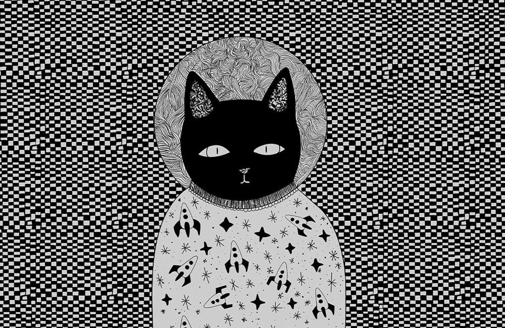 Monochrome Cosmic Cat Patterned Wallpaper - Retro Space Art Design