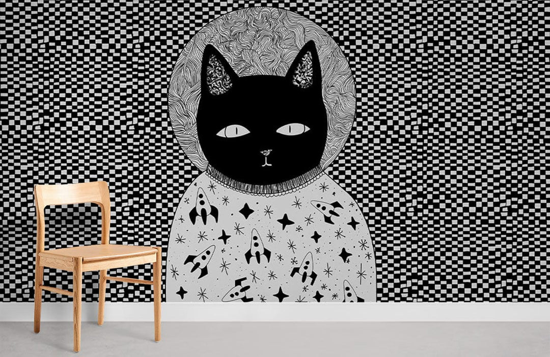 Monochrome Cosmic Cat wallpaper, retro space art; wooden chair; minimalist room, grey flooring.
