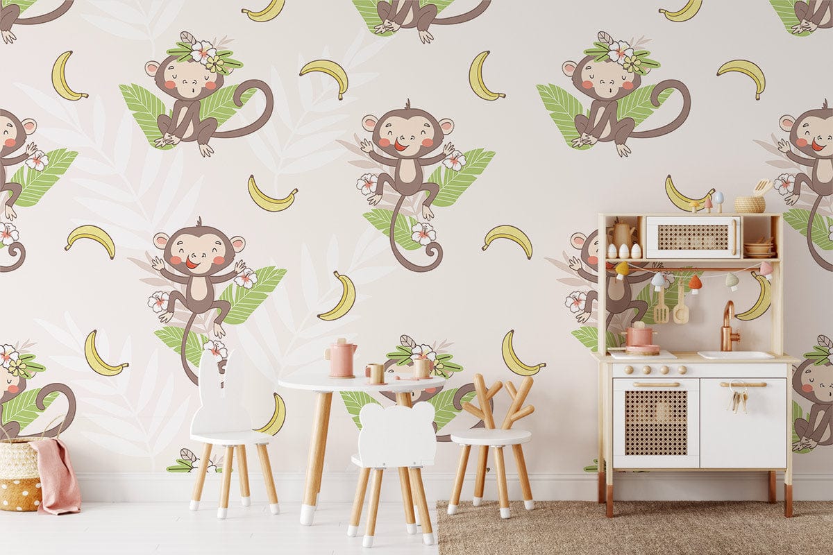 Cream jungle monkey wallpaper with playful design, children's playroom setting, wooden furniture, white flooring.
