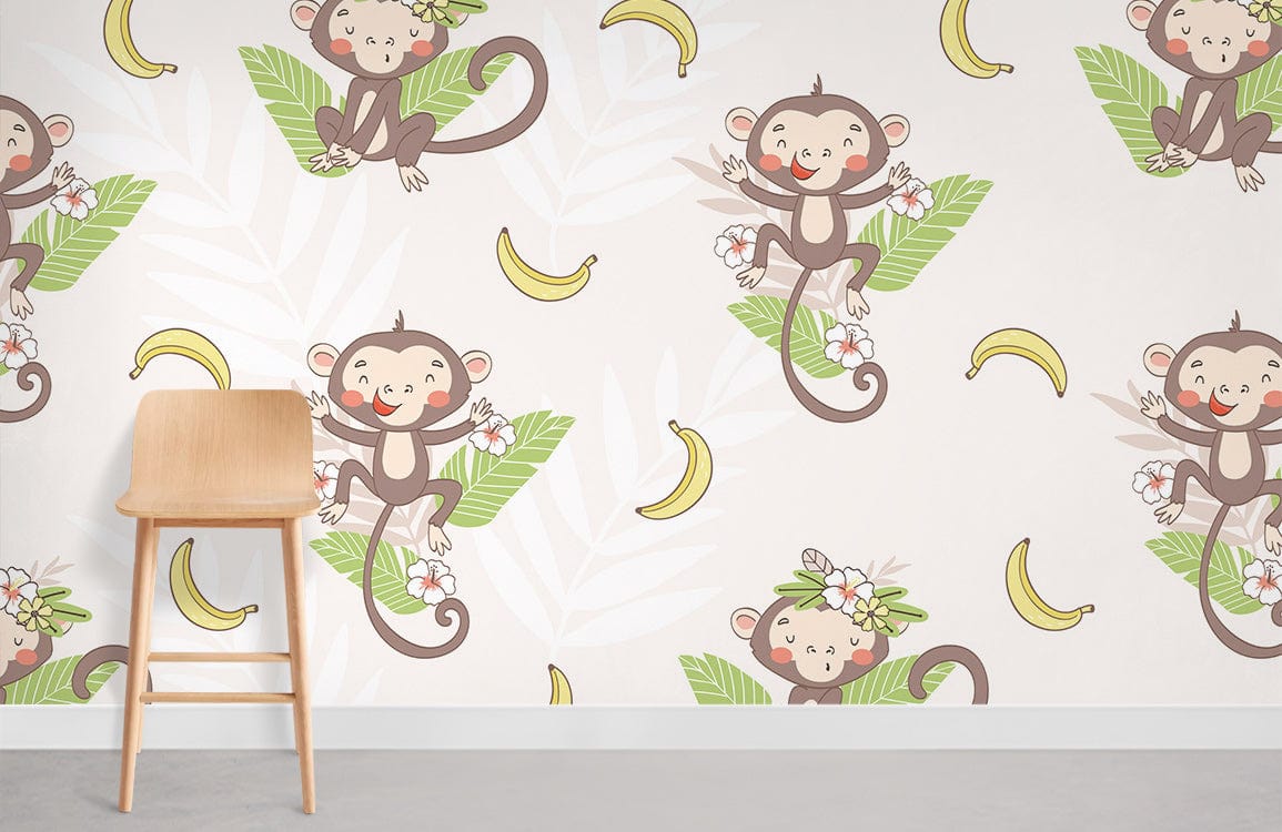 Cream wall with Playful Monkey Jungle Adventure wallpaper, wooden chair, grey floor, vibrant green accents.