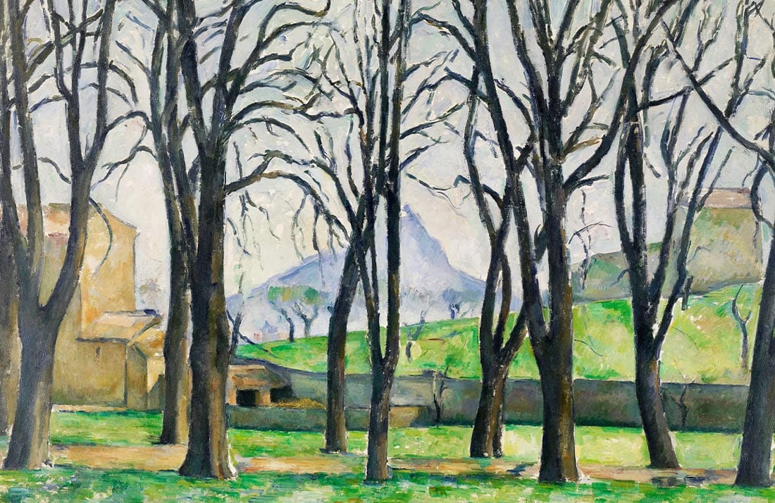 Vintage Landscape Mural Wallpaper with Leafless Trees and Mountain Scene