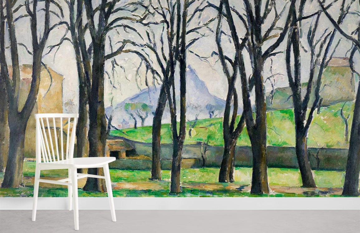 Vintage landscape mural wallpaper, leafless trees, mountain scene; white chair; minimalist room; grey flooring.