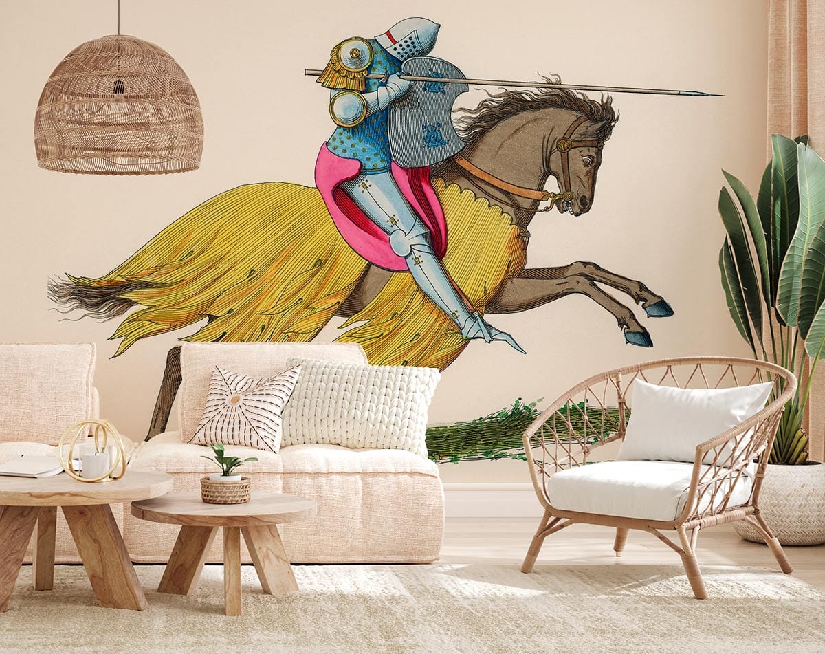 Majestic Medieval Knight mural in living room with beige sofa, wicker chairs, and light wood flooring.
