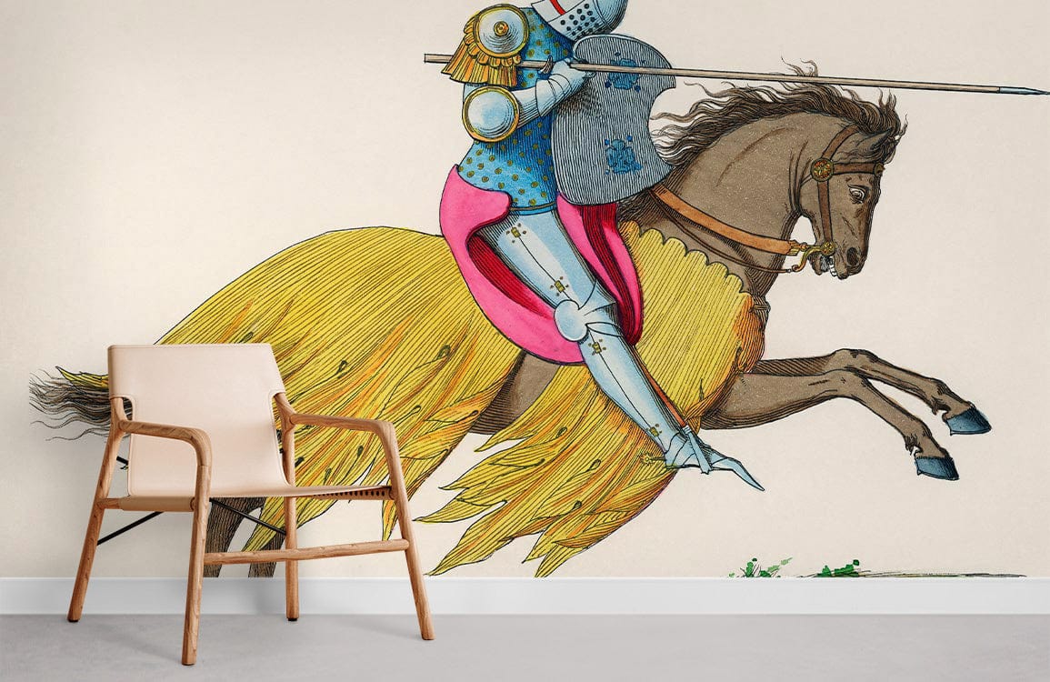 Majestic Medieval Knight Mural Wallpaper with armchair; vibrant colours enhance traditional style room decor.