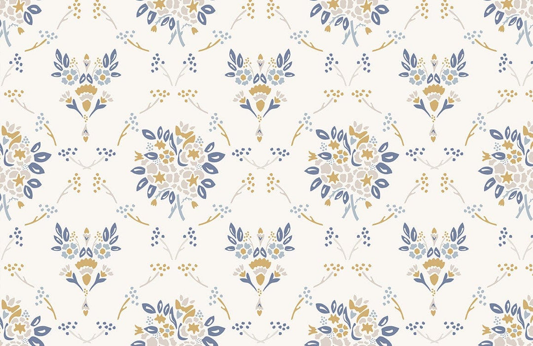 Vintage Floral Pattern Wallpaper in Soft Blue and Gold Tones.