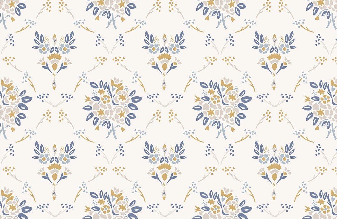 Vintage Floral Pattern Wallpaper in Soft Blue and Gold Tones.