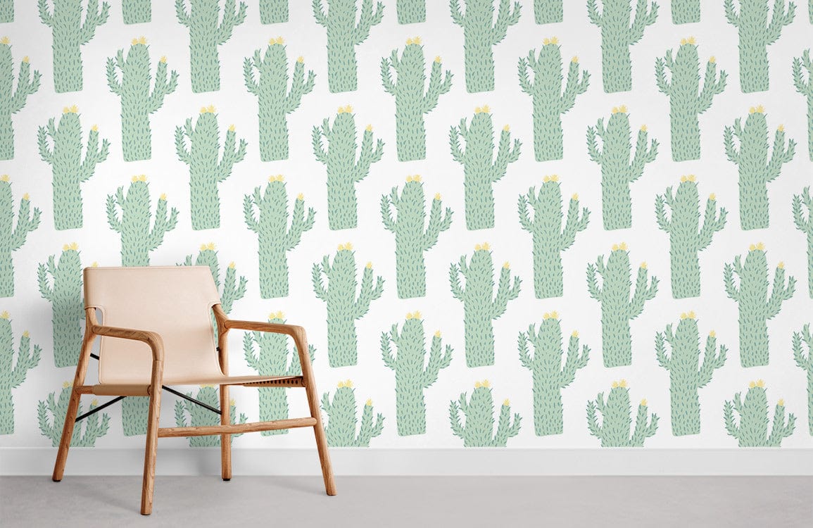 Green Cactus Pattern Wallpaper in modern interior, beige chair, grey flooring, serene desert style.