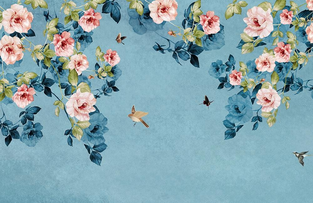 Floral Bliss: Sky Blue and Pink Rose Vintage Mural Wallpaper Design
