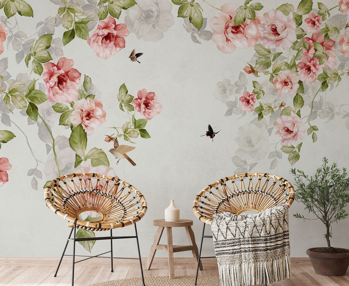 Elegant floral wallpaper with birds; pastel pink, green. Features wicker chairs, wooden flooring, cosy room.
