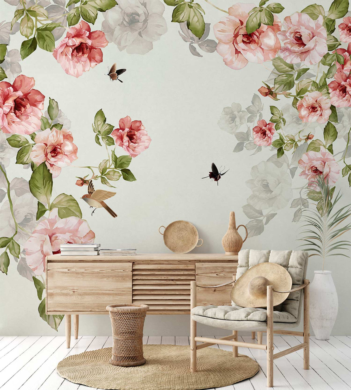 Elegant floral wallpaper with birds; vintage design; wooden sideboard; wicker chair; white wooden flooring.