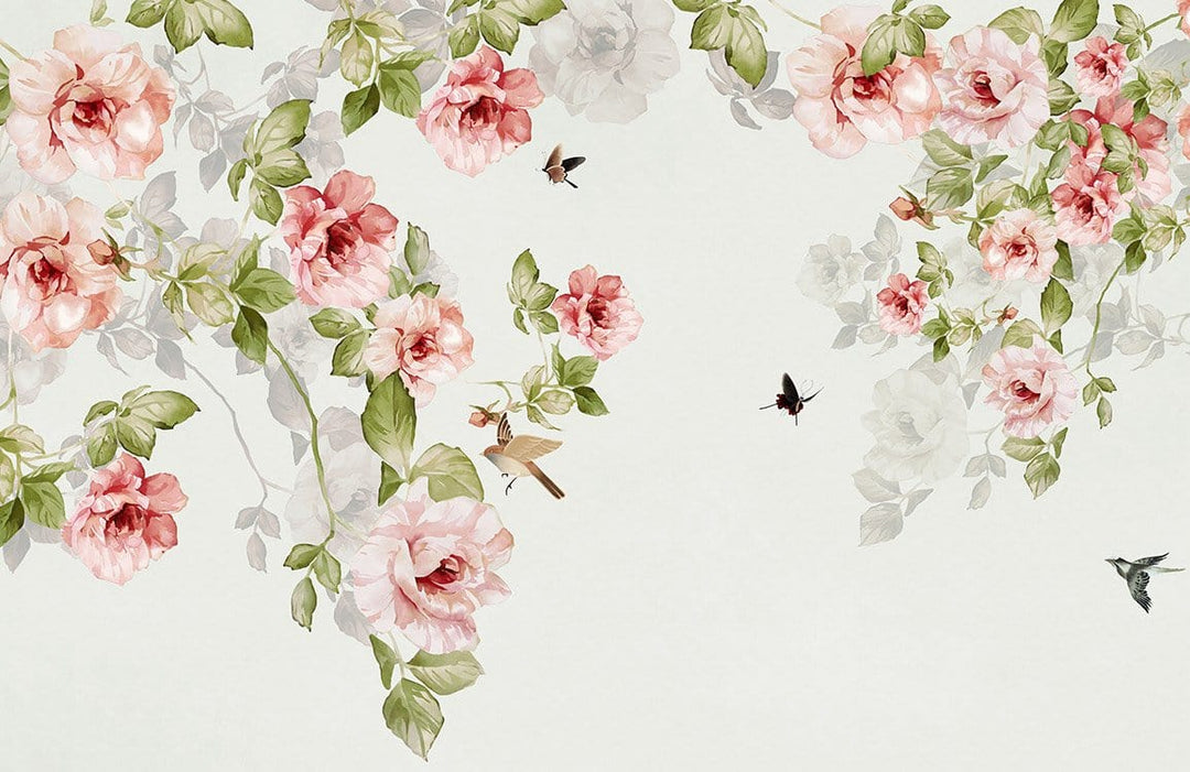 Elegant Floral Blossom Wallpaper with Birds - Vintage Pastel Pink Green Design