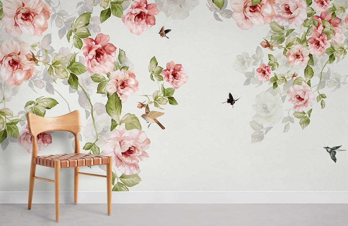 Vintage pastel floral wallpaper with birds, wooden chair, white skirting, grey flooring, elegant design.