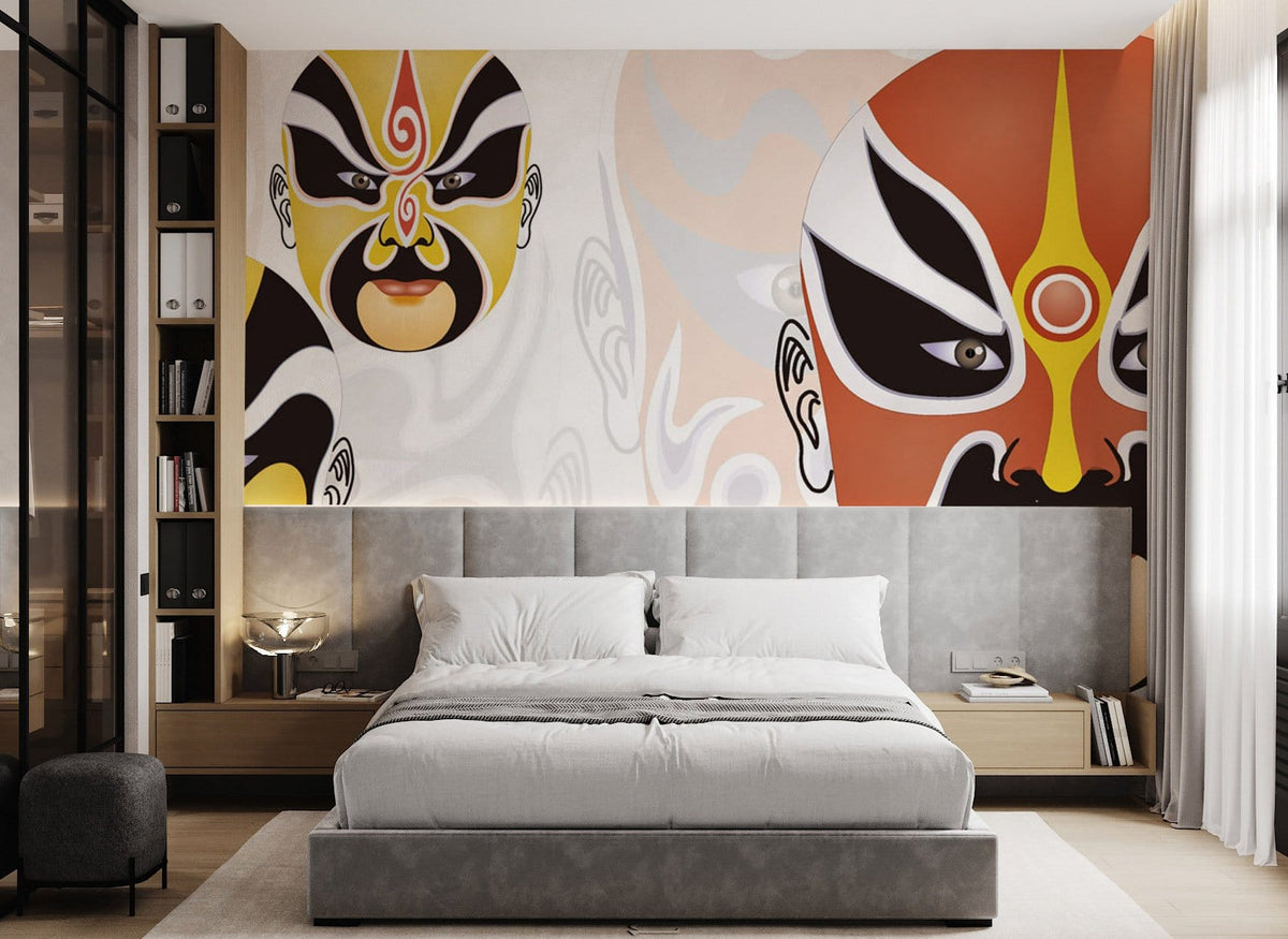 Vibrant Mask Design Mural Wallpaper behind grey bed, modern shelving, and light wood flooring in bedroom.