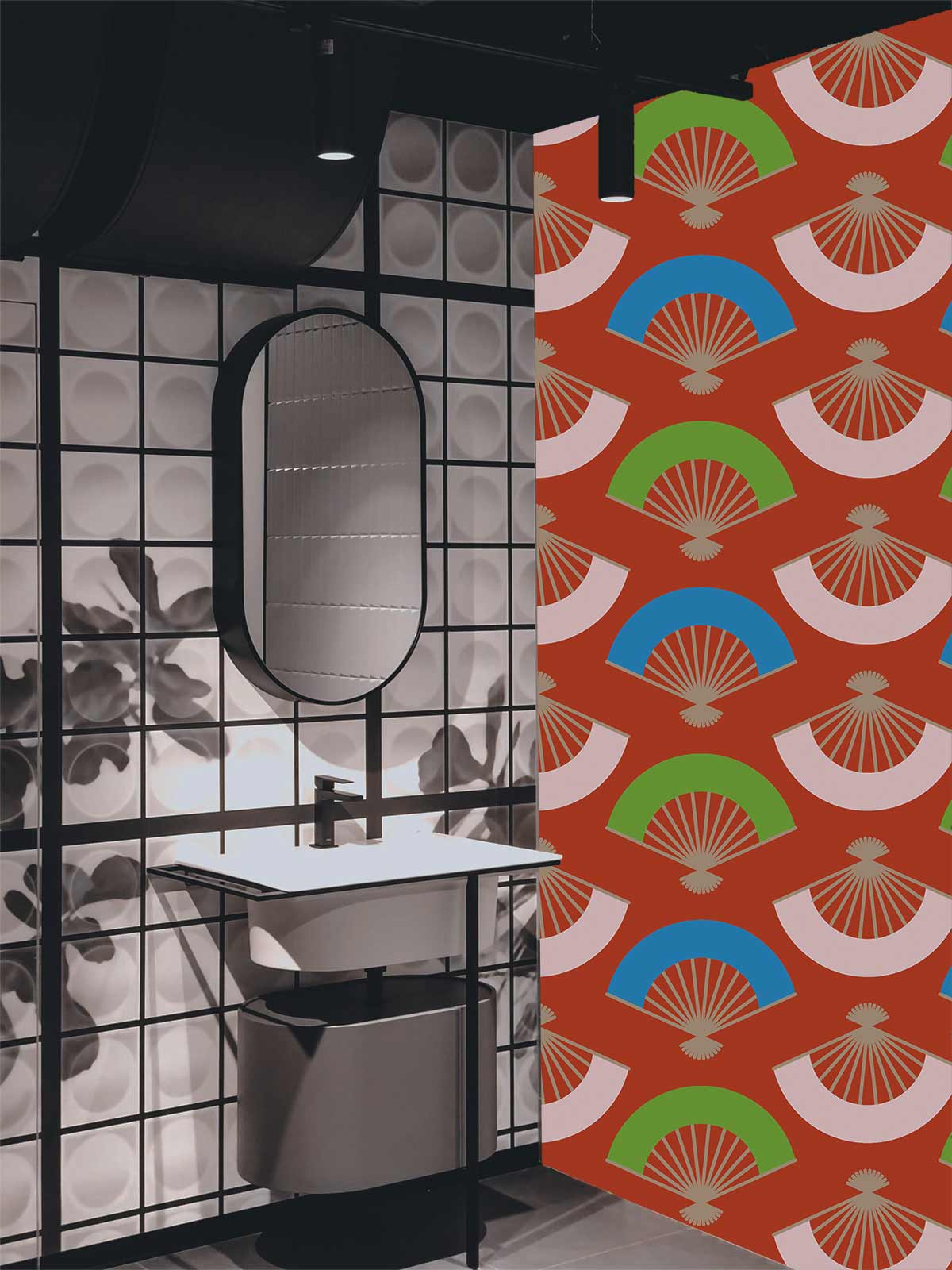 Vibrant Retro Fan Pattern Wallpaper in bathroom with modern black vanity and geometric mirror design.