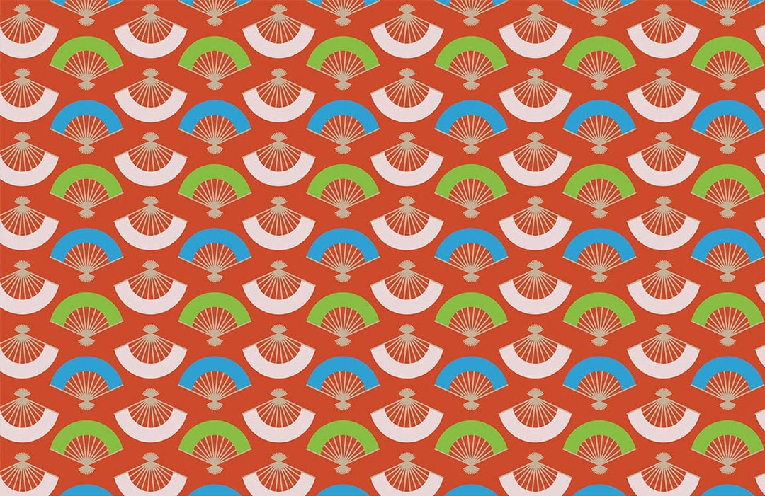 Vibrant Retro Fan Pattern Wallpaper in Red, Green, and Blue Design
