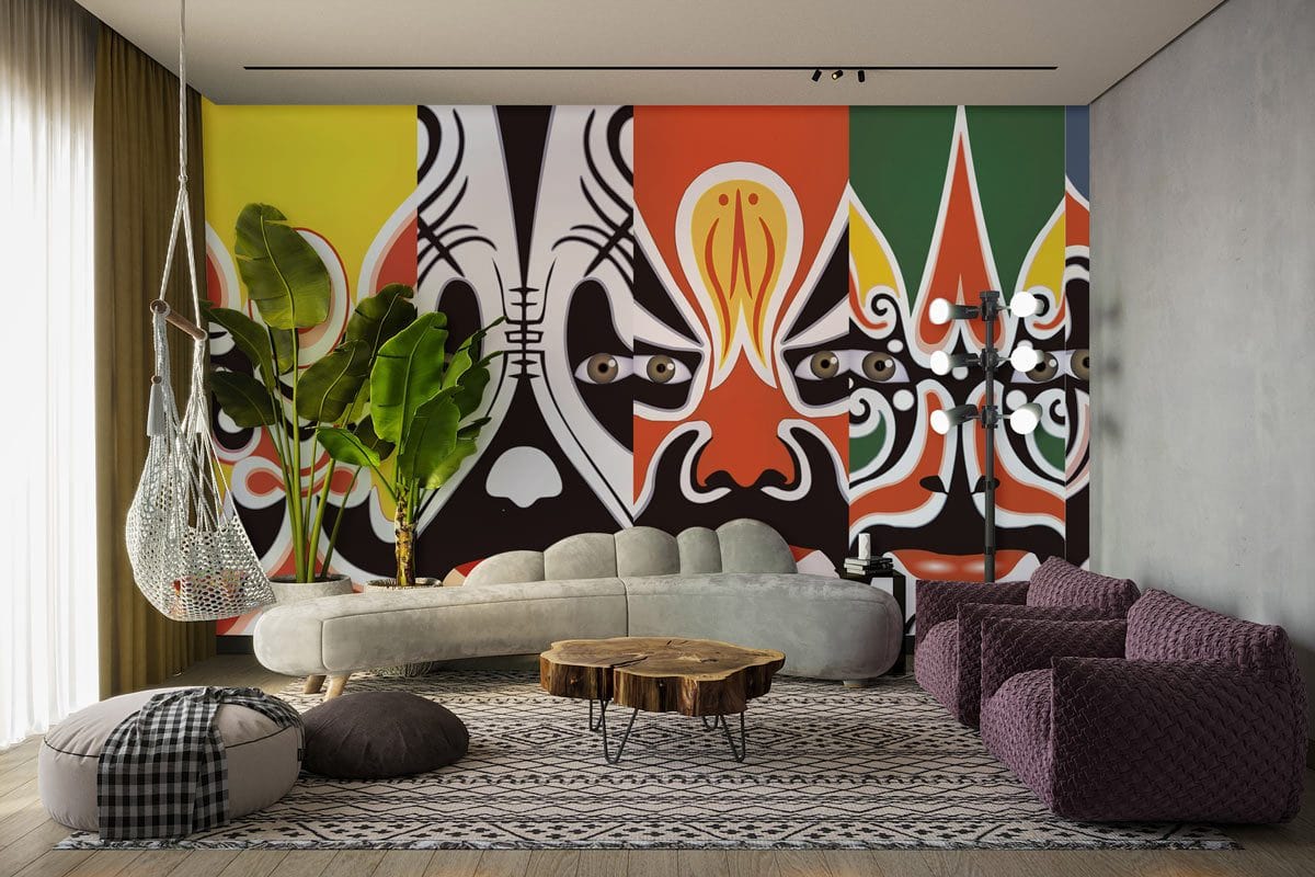 Vibrant Ethnic Faces Mural Wallpaper in living room with grey sofa, purple chairs, wood flooring.