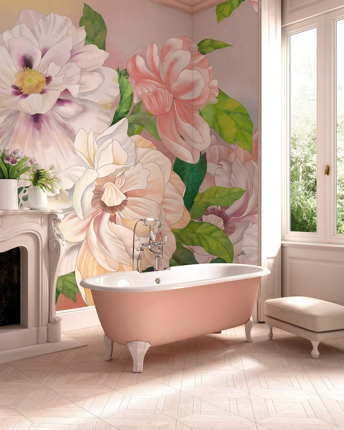 Elegant Floral Paradise Mural Wallpaper in bathroom with pastel tub, white fireplace, and herringbone flooring.
