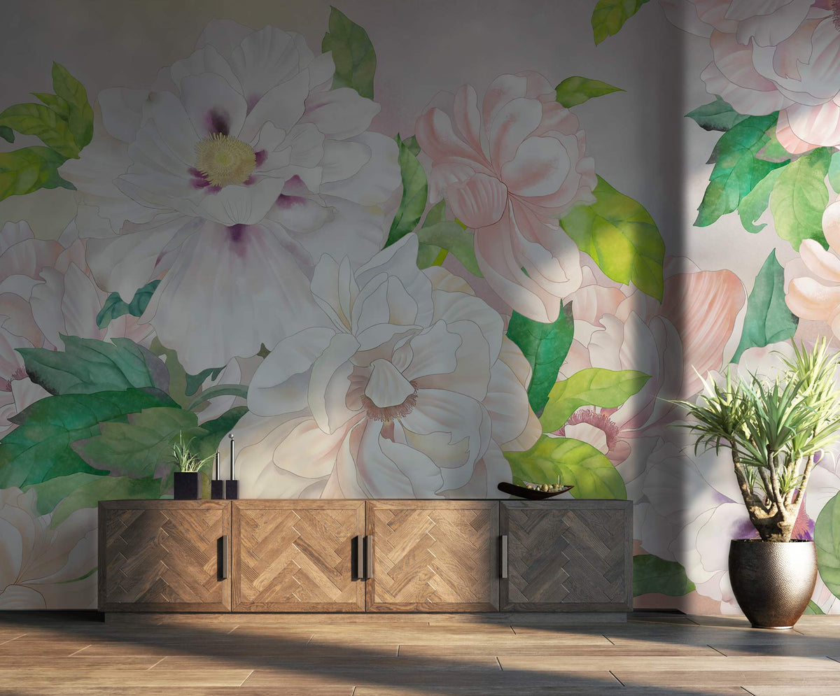 Elegant Floral Paradise Mural - Soft Pastel Design, wooden sideboard, tiled flooring, potted plant.